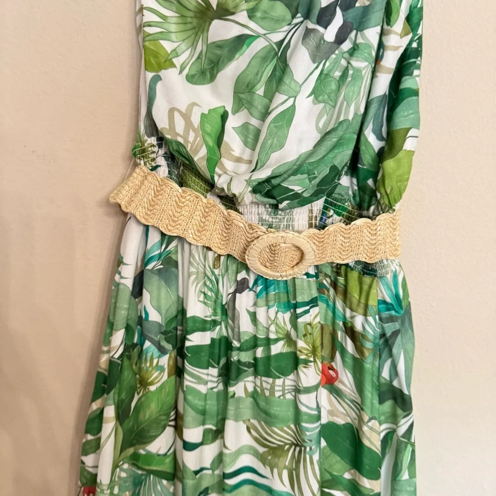 Antonio Melani LINEN Blend Selene Tropical Print One Shoulder Belted Dress Sz 12 - Picture 6 of 16